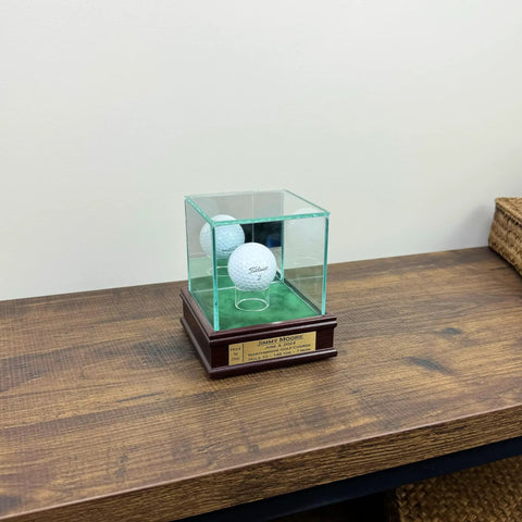 Hole In One Golf Ball Display Case With Real Glass, 1 1/2 Inch Sport Moulding, UV Protected, Personalized Keepsake on shelf