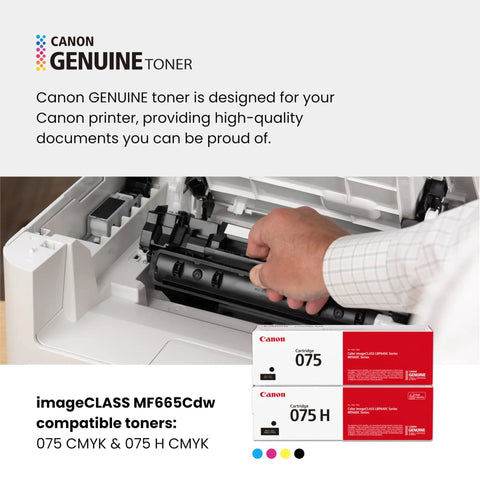 Person installing toner in Canon printer, showcasing imageCLASS MF665Cdw compatible toners with box details visible.