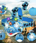 Dino Themed LED Headlamp For Kids And Adults With Four Modes Hands Free Dino Headlamp For Night Hiking Camping Gear Essentials Outdoor Fun Gift For Birthday Halloween Christmas New Year featuring a blue triceratops design with adjustable strap and built-in colorful LED light.