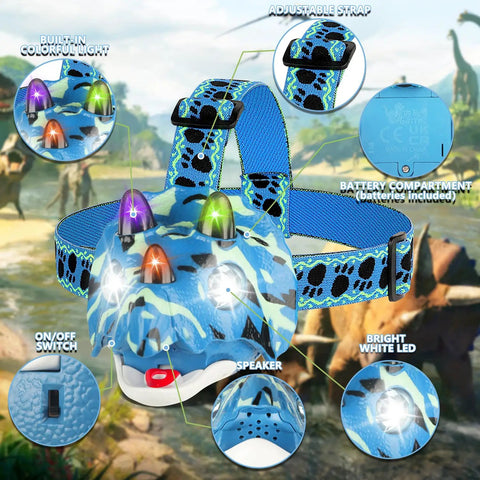 Dino Themed LED Headlamp For Kids And Adults With Four Modes Hands Free Dino Headlamp For Night Hiking Camping Gear Essentials Outdoor Fun Gift For Birthday Halloween Christmas New Year featuring a blue triceratops design with adjustable strap and built-in colorful LED light.