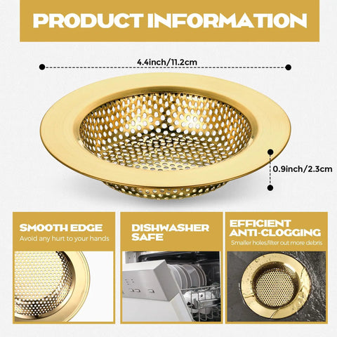 Brushed Gold 4.4 Inch Kitchen Sink Drain Strainer 2 Pack Hair Catcher Basket Filter for smooth edges and anti-clogging.