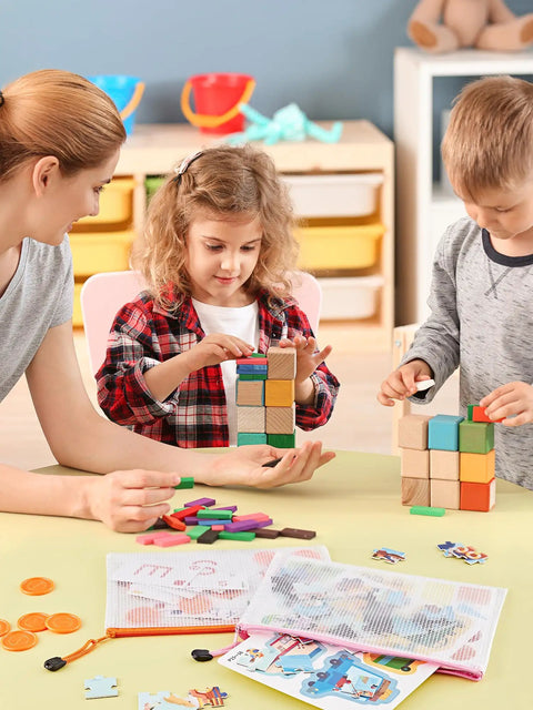 Children playing with blocks, using 20 Pack Zipper Mesh Document Pouches Set, 6 By 9 Inch A5, Water Resistant Plastic File Bags nearby.