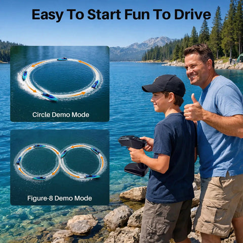 Adult and teen using remote for Brushless RC Boat For Adults And Teens 35 KPH Crazy Fast High Speed Remote Control Boat at lake