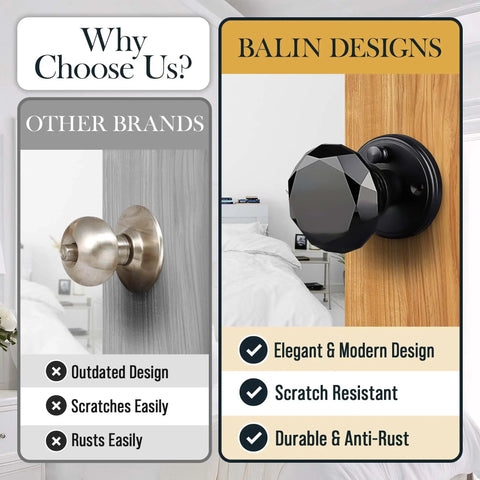 Comparison of black crystal door knob with lock set for interior privacy glass vintage style hardware to other brands