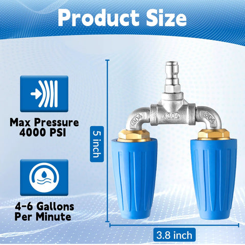 Dual Turbo Nozzle Power Washer With 360 Degree Rotating Jets Delivers 4000 PSI And Four To Six GPM, size 5 x 3.8 inches, front view.
