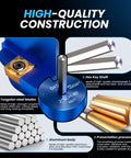 Infographic highlighting PVC Pipe Reamer Kit Four Piece Socket Saver Tool components, tungsten blades, hex key shaft, aluminum body.