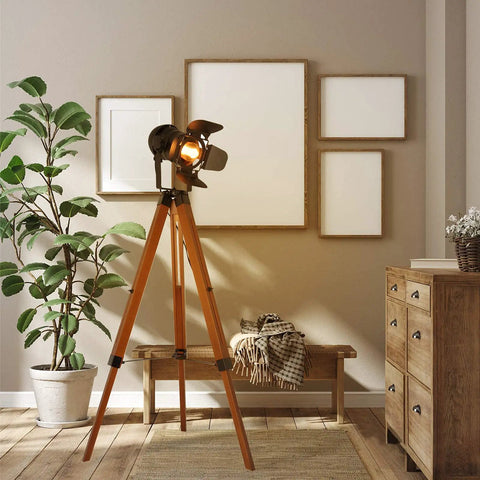 Vintage Black Wood Tripod Floor Lamp With Adjustable Height And Tilt Industrial Metal Nautical Style E26 Standing Corner Light.