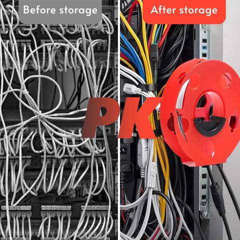 Before and after comparison of cable organization using Heavy Duty Extension Cord Reel Built Tough As Nails With Impact Resistant Plastic Body
