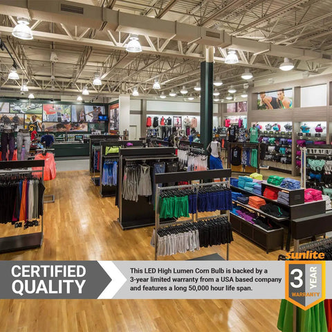 Interior of a retail store lit by Led T42 Mega Bright High Lumen Corn Light Bulb 90W 750W Equivalent 10800 Lumen