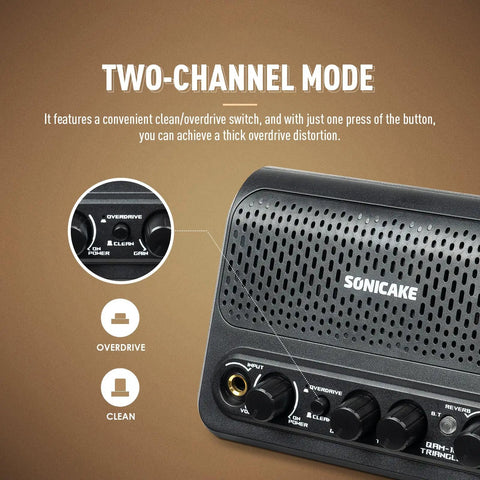 Close-up of focusing on the controls of Beast 10W Mini Guitar Amp For Bedroom Practice Portable All-In-One Bluetooth Amp with Clean and Overdrive Modes.