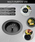 Matte Black 3-1/2 Inch Kitchen Sink Drain Assembly Kit With Strainer Basket And Stopper Universal Fit For Standard 3.5 Inch Drains Works With Stainless Steel Quartz Granite Sinks Easy Install, shown installed with food debris filter basket and watertight stopper.