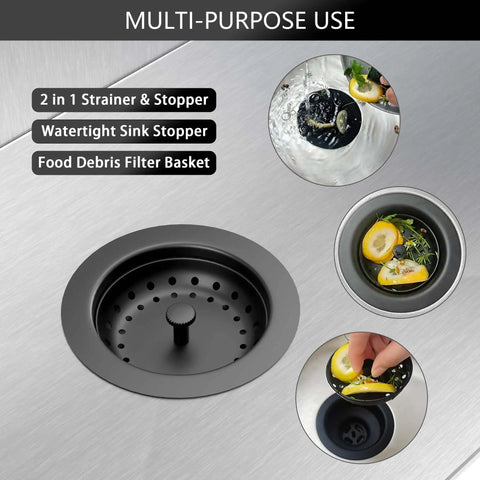 Matte Black 3-1/2 Inch Kitchen Sink Drain Assembly Kit With Strainer Basket And Stopper Universal Fit For Standard 3.5 Inch Drains Works With Stainless Steel Quartz Granite Sinks Easy Install, shown installed with food debris filter basket and watertight stopper.