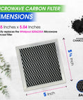 Charcoal Microwave Filter Replacement 2-Pack For Over The Range Vent Fans, dimensions and appearance details shown.