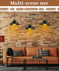Six Piece Black Metal Umbrella Pendant Lights With A Slick Retro Industrial Look And Solid Farmhouse Vibe Making A Popular Choice For Any Kitchen Table Or Dining Nook Using Dead Easy E26 Mounts hanging above a cozy living room setting.