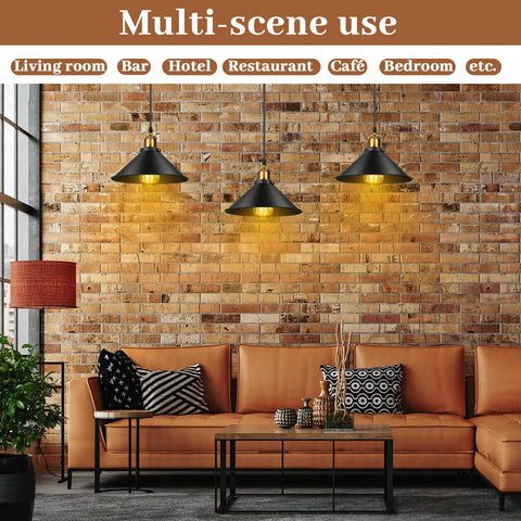 Six Piece Black Metal Umbrella Pendant Lights With A Slick Retro Industrial Look And Solid Farmhouse Vibe Making A Popular Choice For Any Kitchen Table Or Dining Nook Using Dead Easy E26 Mounts hanging above a cozy living room setting.