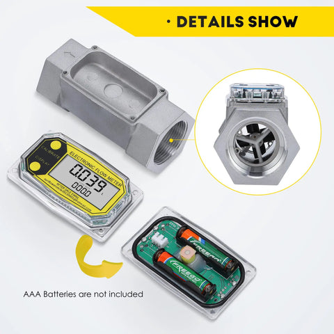 1.5-Inch Flow Meter for Fuel and Water with LCD, aluminum body, and internal mechanism, AAA batteries not included