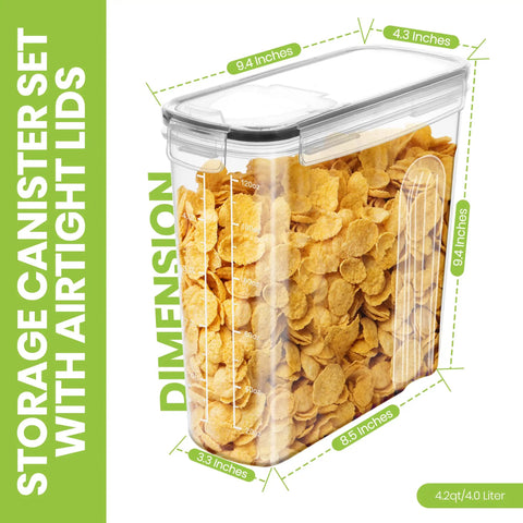 4 Pack Cereal Storage Containers, 4L Airtight Food Jars With Lids, showcasing clear canister filled with cereal and dimensions