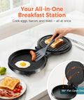 Cachoo 3-in-1 Electric Griddle And Sandwich Maker With Nonstick Coating cooking eggs, sausage, and toast on an 8-inch plate.