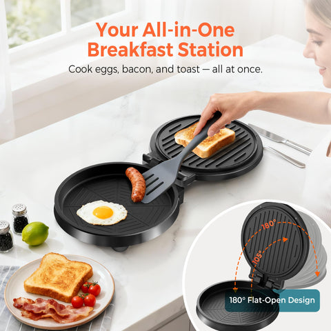 Cachoo 3-in-1 Electric Griddle And Sandwich Maker With Nonstick Coating cooking eggs, sausage, and toast on an 8-inch plate.