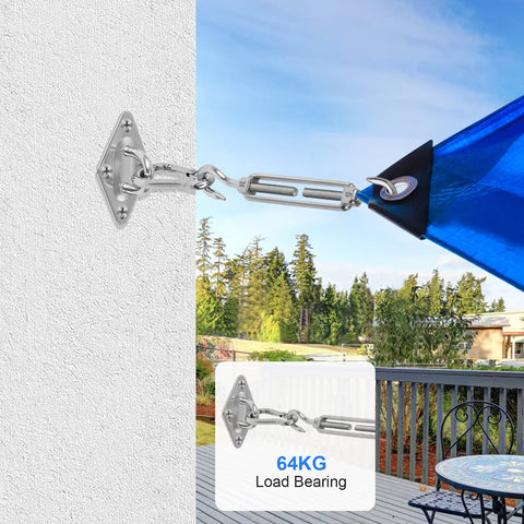 Close-up of Built Tough All-In-One Sun Shade Sail Hardware Kit with M5 stainless steel hooks attached to blue sail on patio wall.
