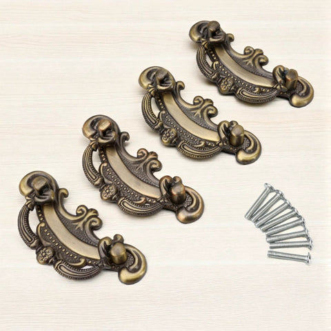 Four Vintage Look Bail Drawer Pulls 2.5 Inch Center To Center Dark Antique Bronze Cabinet Handles with screws on a light background
