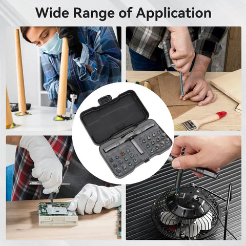 24 In 1 Magnetic Ratchet Screwdriver Set With Case And Detachable T Handle shown in various repair scenarios