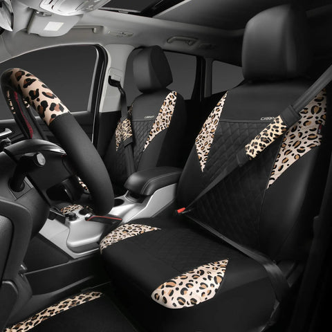 Dope Leopard Print Faux Leather Car Seat Covers, Leopard Car Mats, Steering Wheel Cover, and Seat Belt Pad in SUV interior