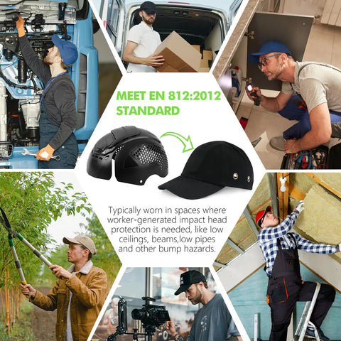 Matrix Lite Series Bump Cap Insert For Baseball Caps EN 812, adjustable safety liner, black color, shown in use by various workers.