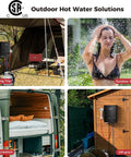 Collage of Portable Outdoor Propane Tankless Water Heater 1.32 GPM 5L On Demand Hot Water For Showers Black AY132B in use