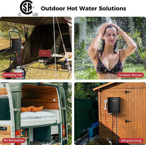 Collage of Portable Outdoor Propane Tankless Water Heater 1.32 GPM 5L On Demand Hot Water For Showers Black AY132B in use