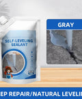 Premium Self Leveling Concrete Caulk For Deep Crack Repair, 500ml pouch showing gray sealant filling a crack.