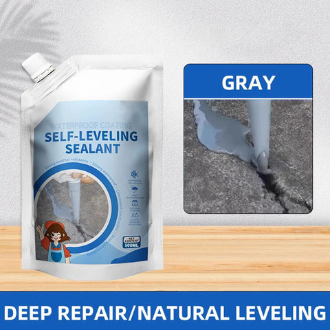 Premium Self Leveling Concrete Caulk For Deep Crack Repair, 500ml pouch showing gray sealant filling a crack.