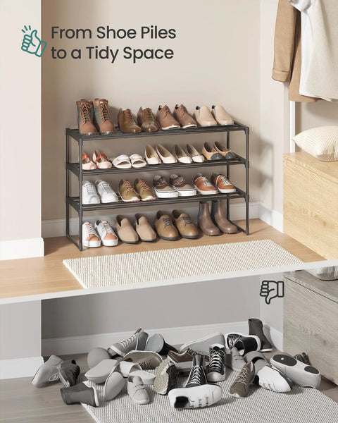 Solid As A Rock Heavy Duty Stackable Metal Shoe Rack Hosting Roomy Three Tier Layout For Messy Entryways Or Busy Mudrooms Flip It Upside Down For Sneaker Friendly Under Storage Total Organization Hack