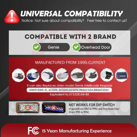Image explaining compatibility of Wireless Overhead Door Opener Keypad with Genie and Overhead Door brands.