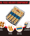 4 Way Mini Anl Fuse Holder 60A Fuse Distribution Block with transparent cover and gold plated terminals.