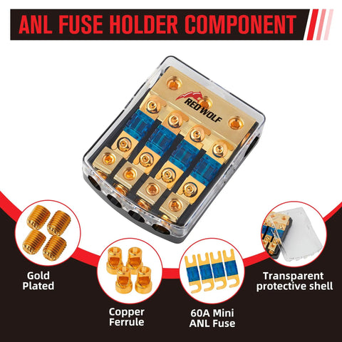 4 Way Mini Anl Fuse Holder 60A Fuse Distribution Block with transparent cover and gold plated terminals.
