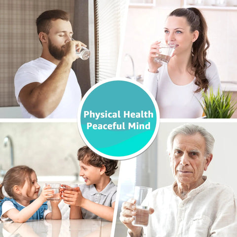 People drinking clean water with text 'Physical Health Peaceful Mind'