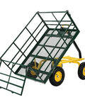 Heavy Duty 4 In 1 Steel Garden Cart Workhorse With 1500 Lb Capacity And 13 Inch All Terrain Wheels Removable Mesh Sides Tow Behind ATV Trailer Dark Green Frame Yellow Hubs Flatbed Dump For Yard Farm, tilted open position showing mesh sides.