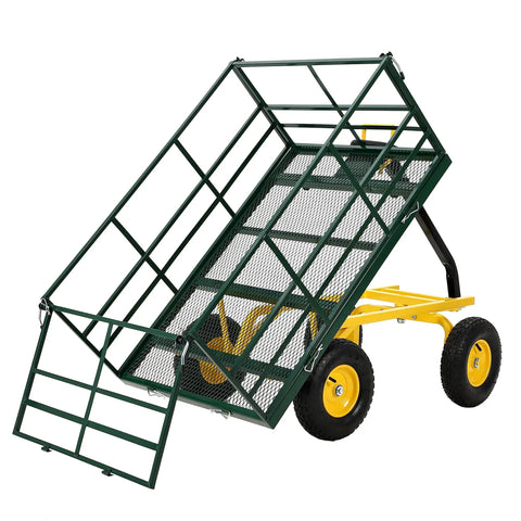 Heavy Duty 4 In 1 Steel Garden Cart Workhorse With 1500 Lb Capacity And 13 Inch All Terrain Wheels Removable Mesh Sides Tow Behind ATV Trailer Dark Green Frame Yellow Hubs Flatbed Dump For Yard Farm, tilted open position showing mesh sides.