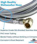 Universal Dishwasher Water Supply Hose Kit 10 Ft Braided Stainless Steel Line with Three Eighths Inch Compression Fittings