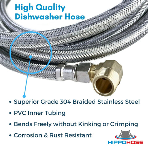 Universal Dishwasher Water Supply Hose Kit 10 Ft Braided Stainless Steel Line with Three Eighths Inch Compression Fittings