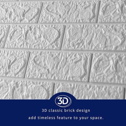 Peel And Stick 3D Foam Faux Brick Wall Panels White close-up, waterproof surface texture for easy DIY install in any room.