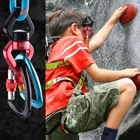Heavy Duty 30KN Tree Swing Swivel Spinner with climbing rope rig and aluminum alloy hook, kid climbing a wall.
