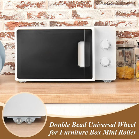 16 Piece Clear Self Adhesive Appliance Casters Featuring Dual Steel Ball Rollers For Pain Free Heavy Gadget Moving Straight Up Game Changer Kitchen Counter Savers under a microwave on a wooden countertop.