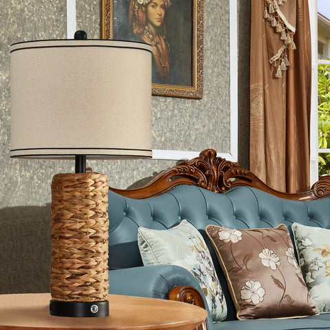 Set Of 2 Rattan Table Lamps With Dimmable Touch Controls, Wicker Seagrass Finish, Bulbs Included, Dual USB Ports And Built In AC Outlet, Perfect For Nightstand Or End Table In Bedroom Or Living Room, Coastal Vibe