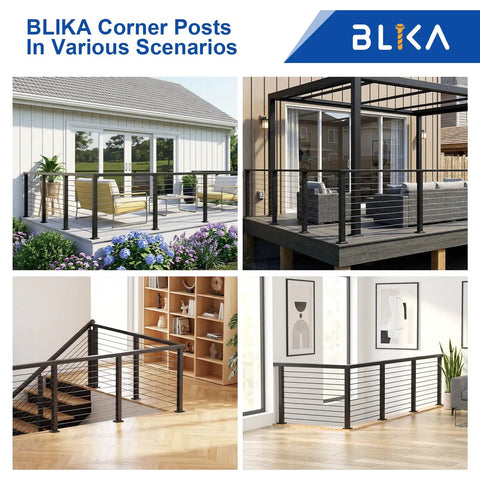 36 Inch Cable Railing Corner Post Three Side Drilled Surface Mount End Post For 90 Degree Turns in various settings