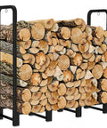 Heavy Duty Firewood Rack Stand For Outdoor And Indoor Use Holds A Quarter Cord Of Firewood And Supports Up To 550 Pounds In A Matte Black Metal Organizer For Porches Patios Decks Fire Pits And Wood Piles, filled with logs