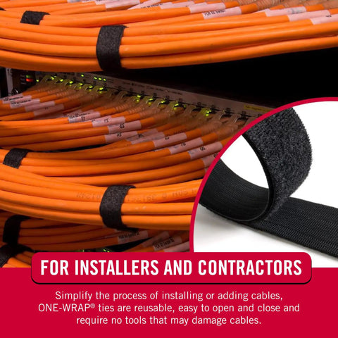 Extra Narrow Self Gripping Cable Straps Half Inch By Thirty Feet Roll securing orange cables in server rack