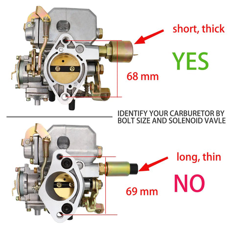 34 Pict-3 Dual Port Carburetor comparison for 1600cc VW engines showing correct and incorrect solenoid valve sizes.