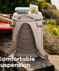 Carryout Cooler Backpack With All Day Cold Insulation And Portable Soft Build Trail And Park Friendly Features An Ergonomic Strap System 22 Liter Capacity In Shale Gray, showing ergonomic straps and storage.